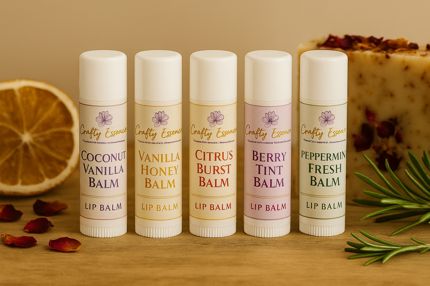 Collection of five nourishing lip balms by Crafty Essence in labeled tubes on a wooden surface with decorative elements.