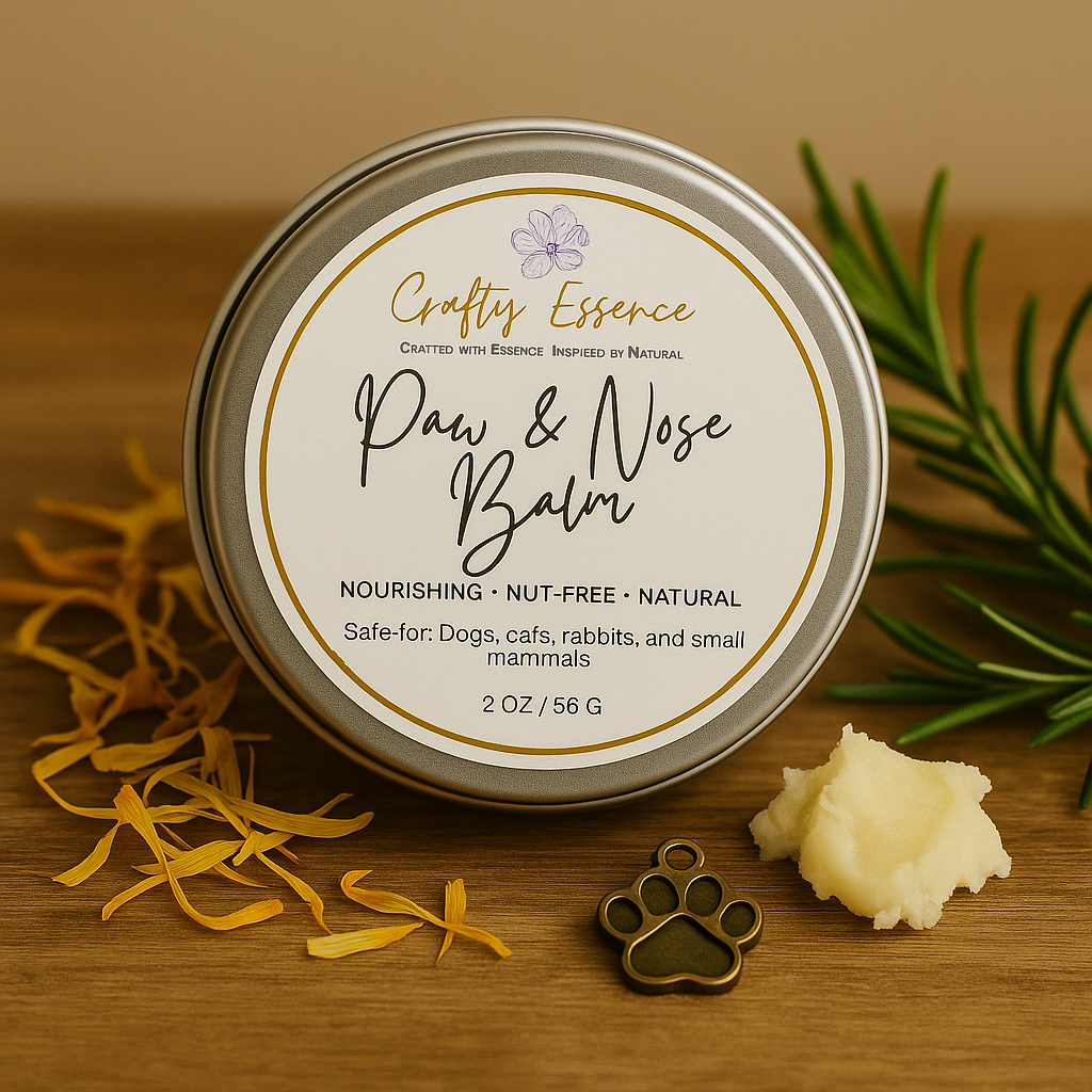 Paw and Nose Balm for cats and dogs in its container with ingredients on a wooden surface.