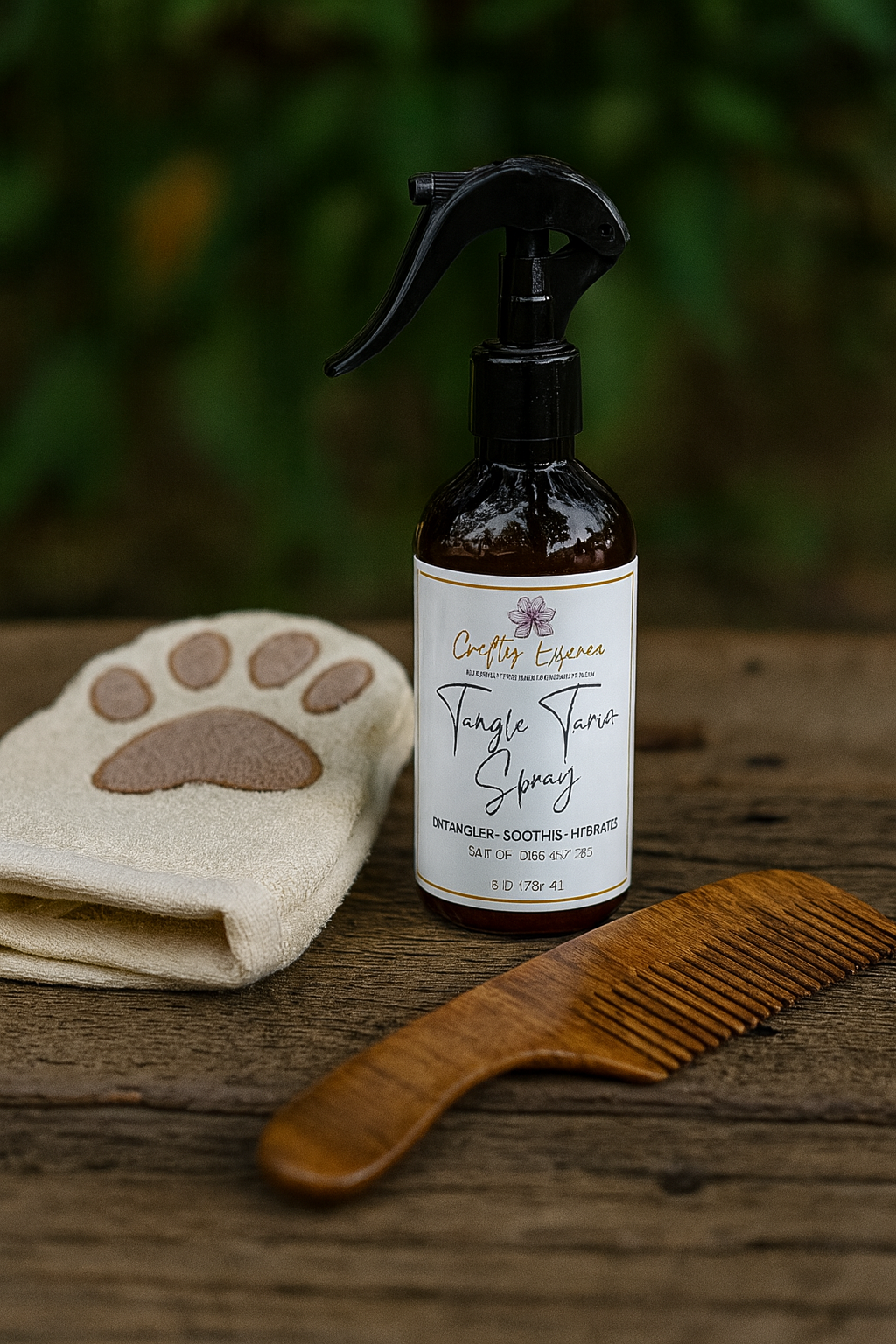 Bottle of 'Tangle Tamer Spray' detangling spray for pets with a paw print towel and wooden comb on a wooden surface.