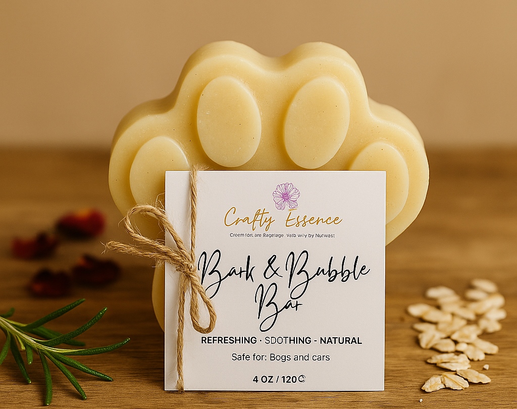 Bark & Bubble Bar pet shampoo bar by Crafty Essence, gentle and handcrafted with a label on a wooden surface
