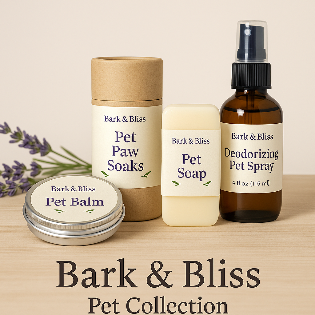 Bark & Bliss pet care products by Crafty Essence displayed together