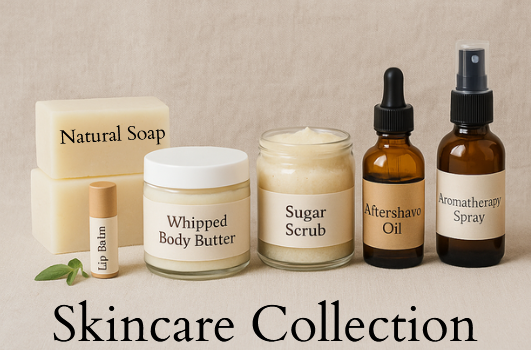 Handcrafted skin care products by Crafty Essence displayed together