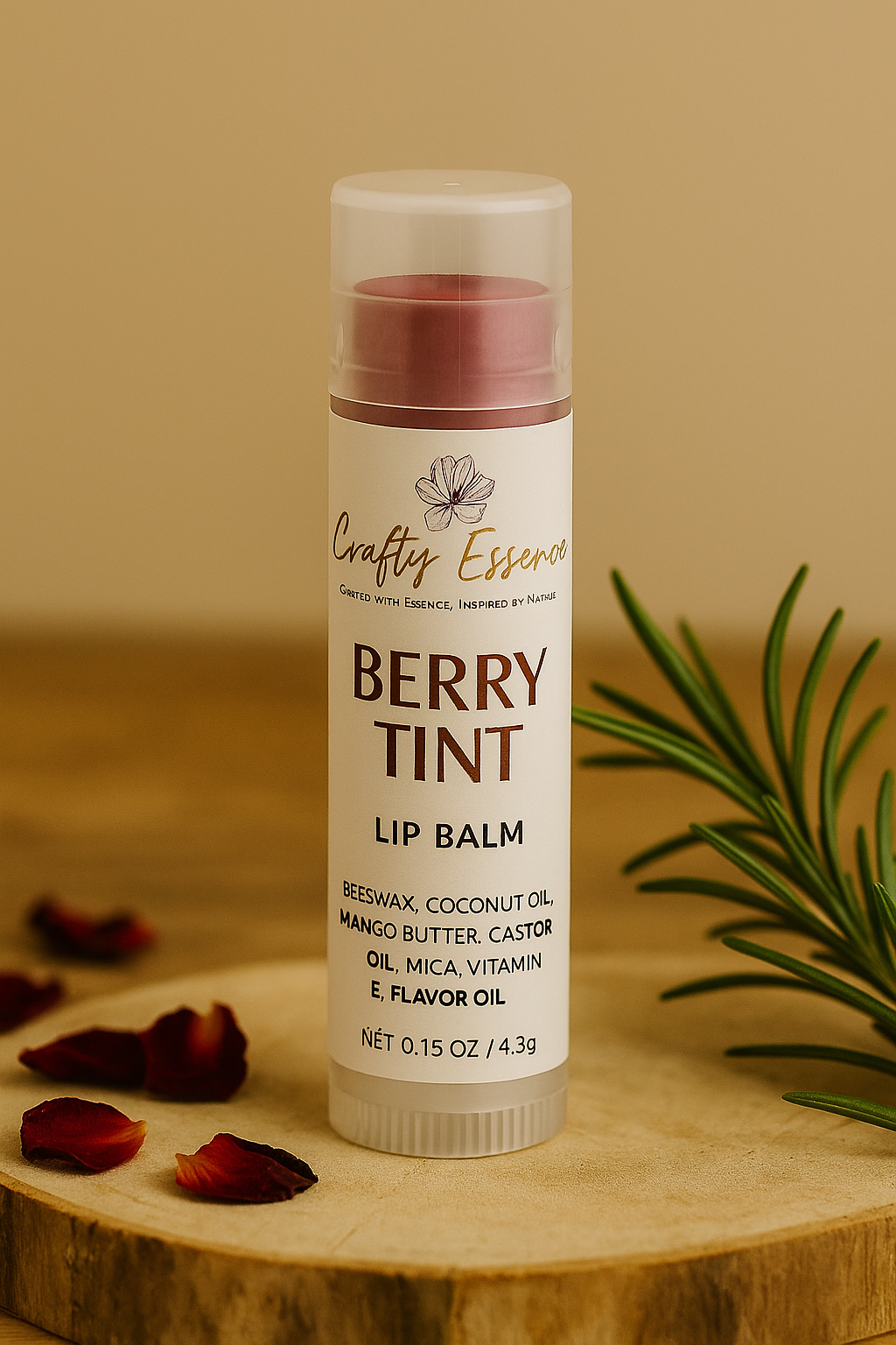 Berry Tint nourishing lip balm by Crafty Essence with natural color in tube packaging