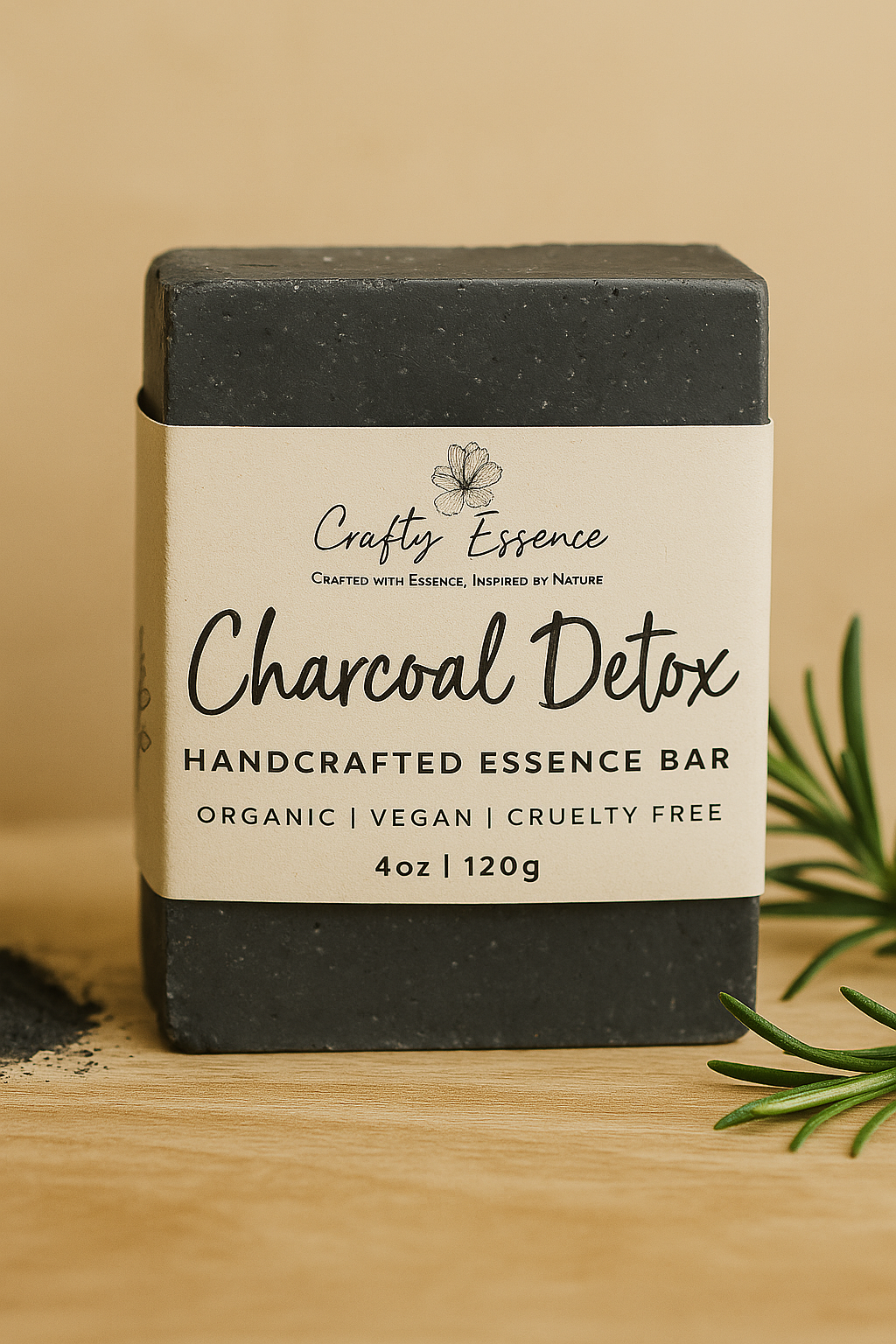 Handmade nut-free Charcoal Detox soap bar by Crafty Essence with activated charcoal on a beige background.