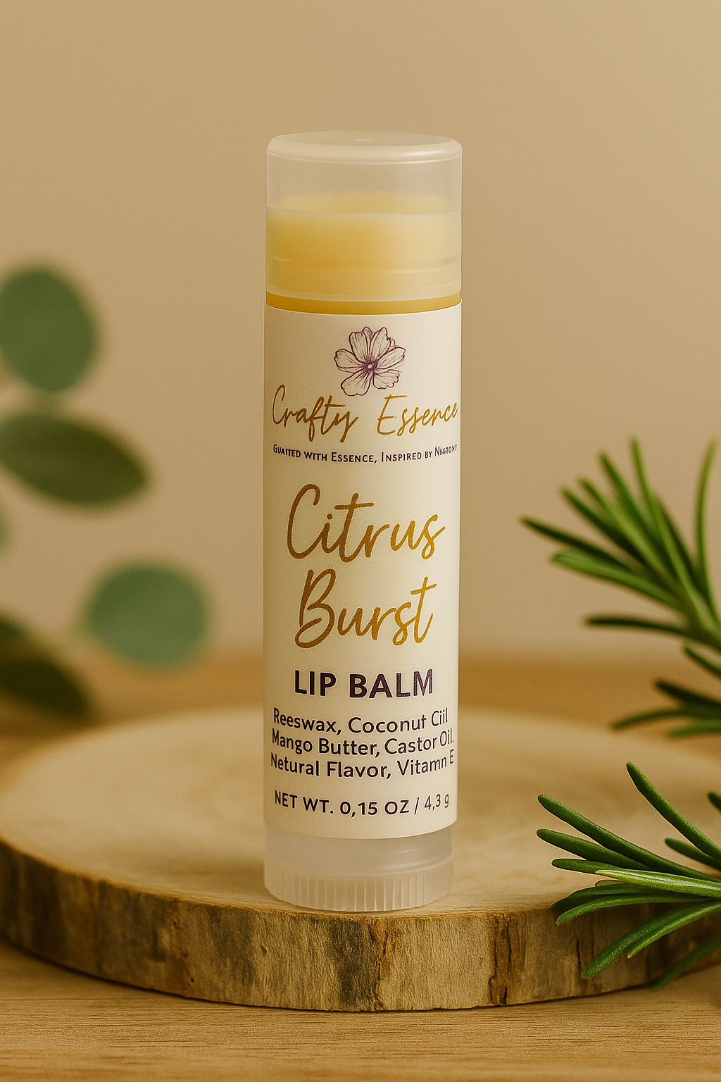 Citrus Burst nourishing lip balm by Crafty Essence in tube packaging