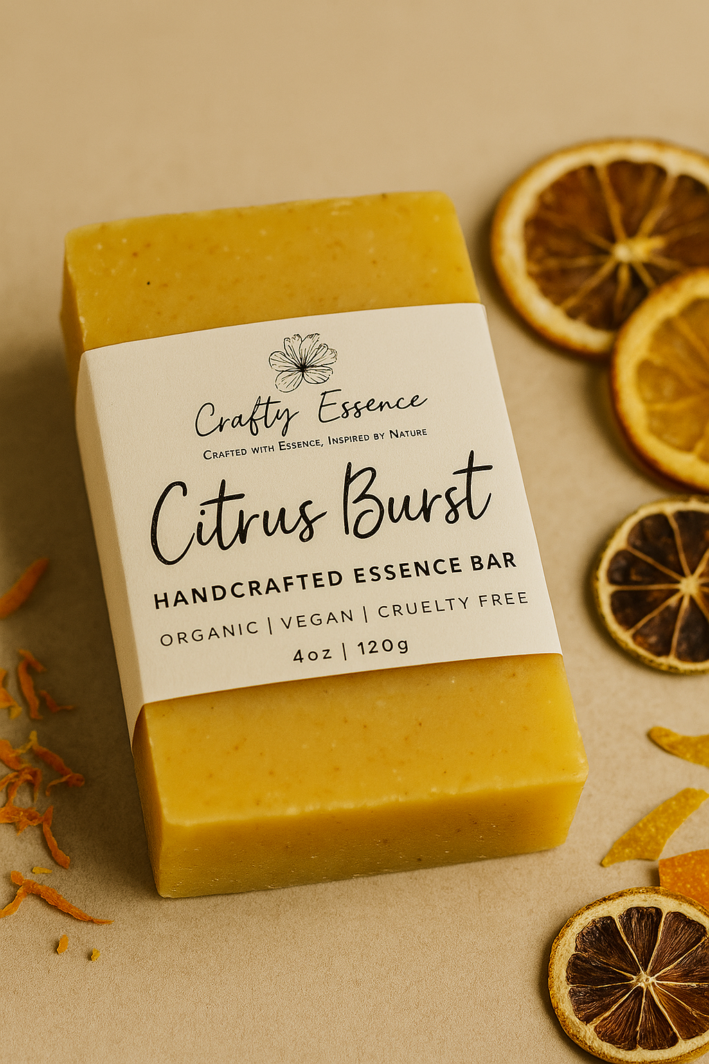 Handmade nut-free Citrus Burst soap bar by Crafty Essence with a label on a beige background with dried citrus slices.
