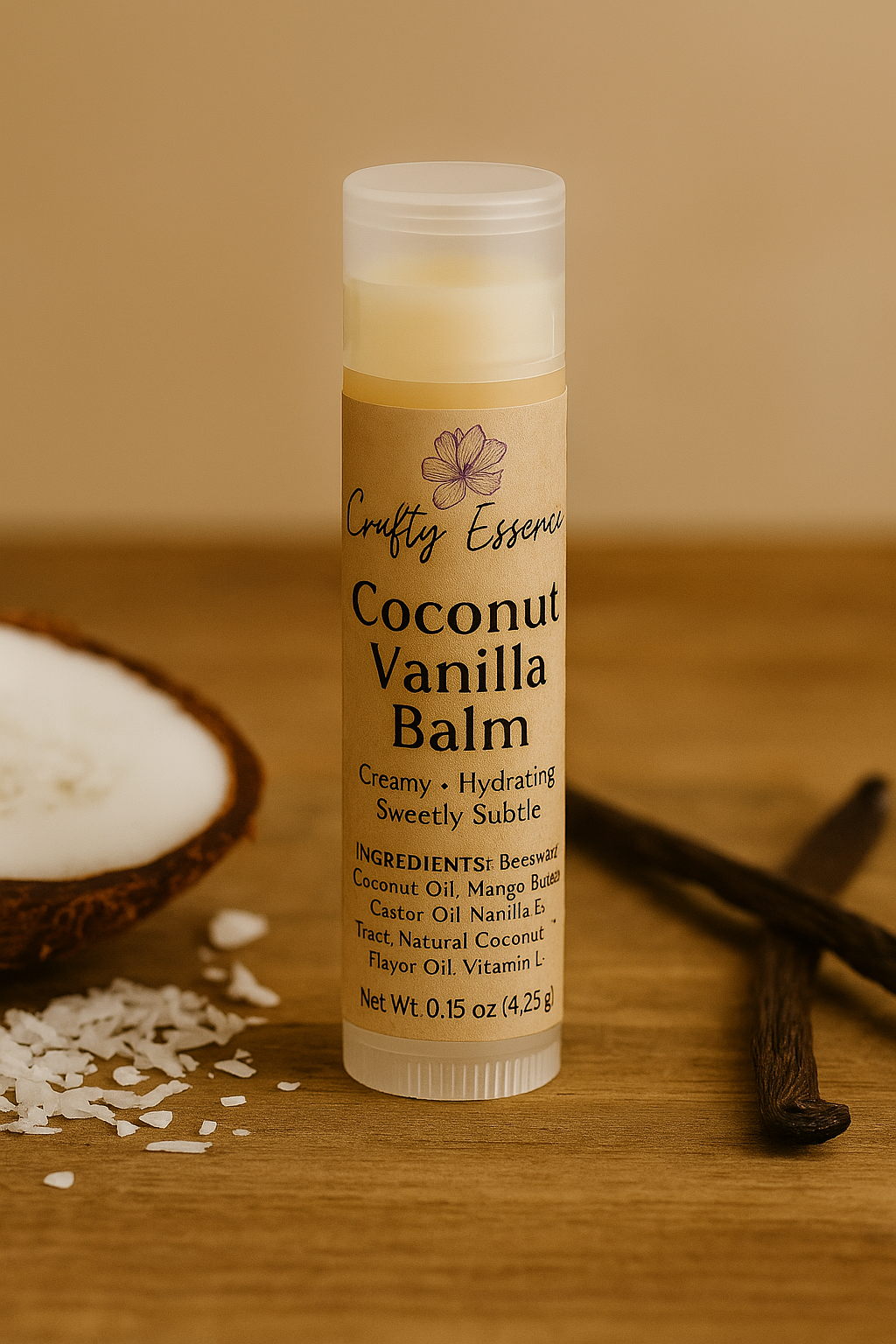 Coconut Vanilla nourishing lip balm by Crafty Essence with coconut, vanilla bean, and coir on a wooden surface in tube packaging