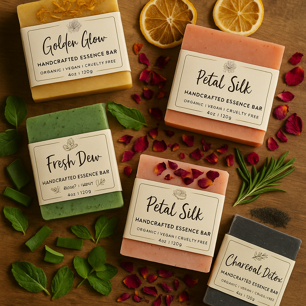 Handcrafted essence bars by Crafty Essence with labels on a wooden surface with leaves and petals.