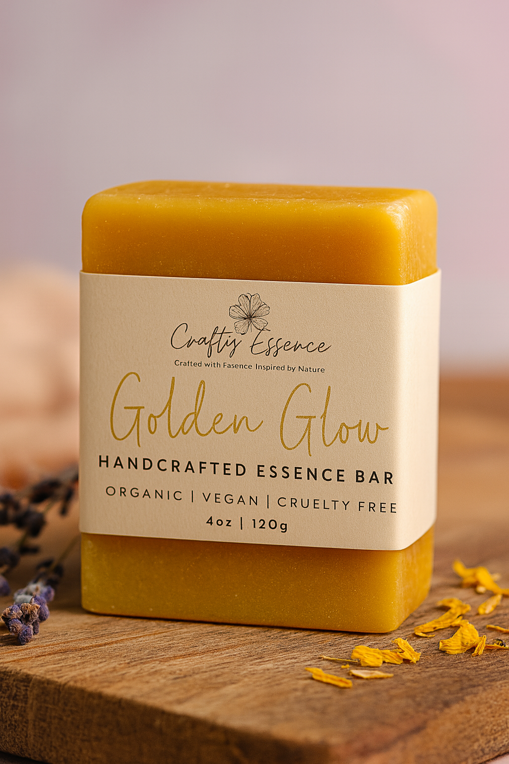Handmade nut-free Golden Glow soap bar by Crafty Essence on natural background