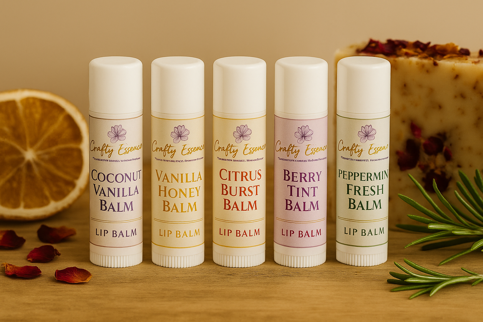 Collection of five nourishing lip balms by Crafty Essence in labeled tubes on a wooden surface with decorative elements.