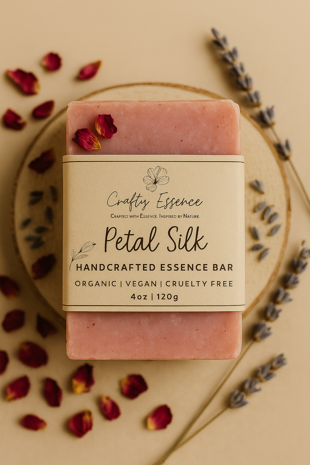 Handmade nut-free Petal Silk soap bar by Crafty Essence with soft floral aesthetic.