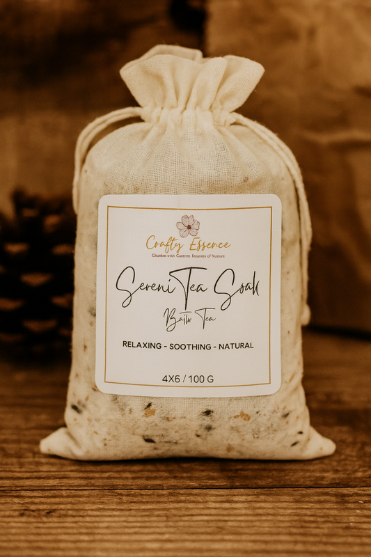 SereniTea Soak bath tea by Crafty Essence in muslin bag, 4 by 6 size.