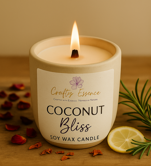 Soy wax candle labeled 'Coconut Bliss' from 'Crafty Essence' in a concrete jar on a wooden surface with decorative elements.